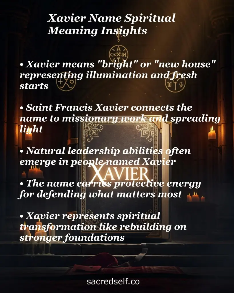 Glowing book titled Xavier in a candlelit chapel, overlaid text about illumination, Saint Francis Xavier, leadership, protection, and transformation