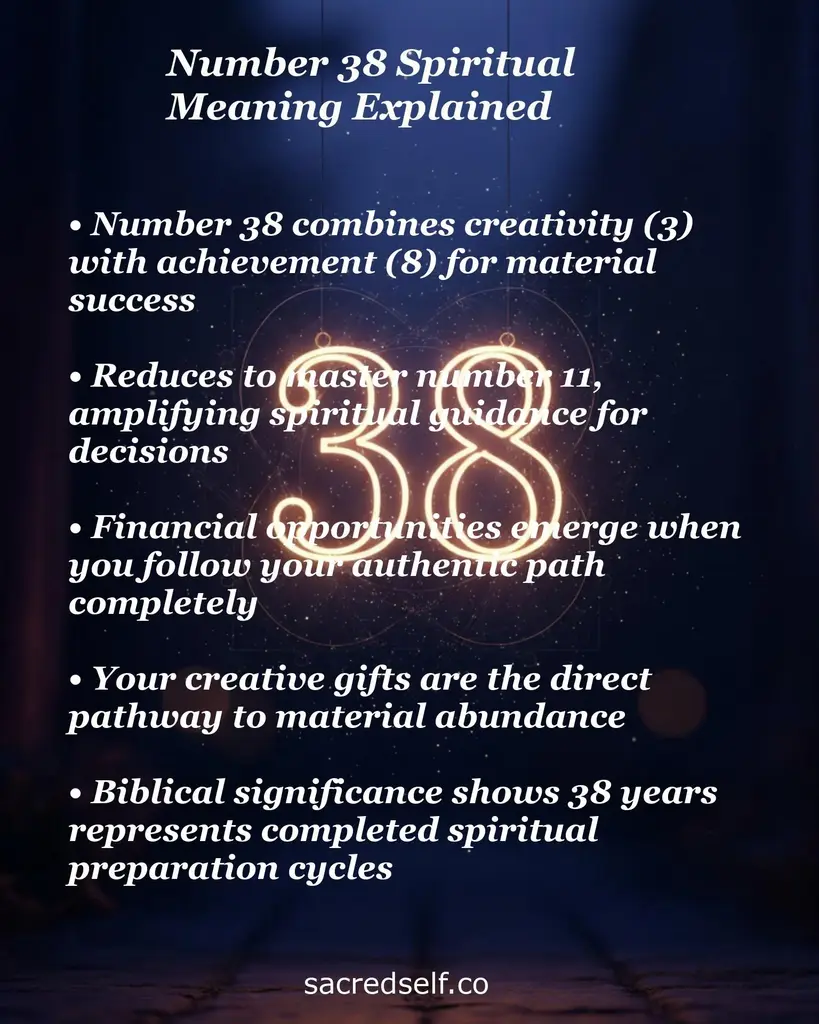Glowing neon '38' on dark starry background with text about spiritual meaning: creativity, success, abundance.