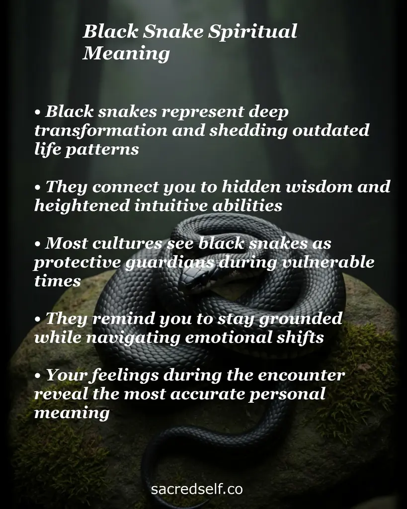 Coiled black snake on moss rock with overlay text about transformation, hidden wisdom, protection and grounding