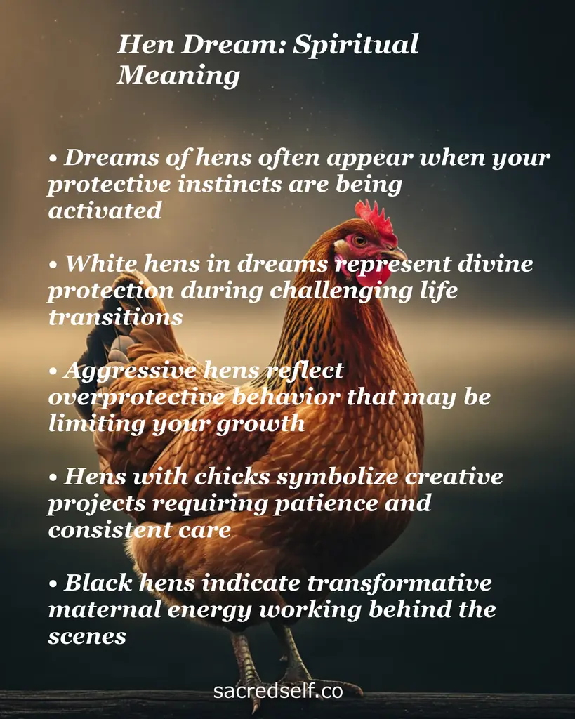 Hen on blurred background with text on hen dream meanings: protection; white=divine; chicks=creativity; black=change