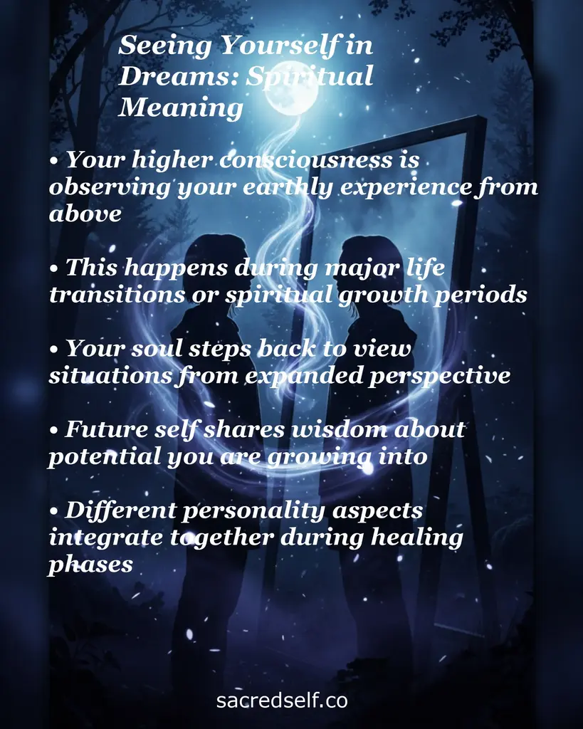 Silhouettes at a mirror under a glowing moon with text on seeing yourself in dreams: higher awareness, future self, healing.