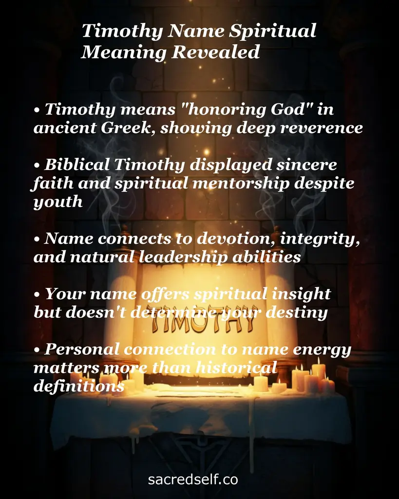 Candlelit altar with 'Timothy Name Spiritual Meaning Revealed' header and lines about honoring God, devotion, leadership.