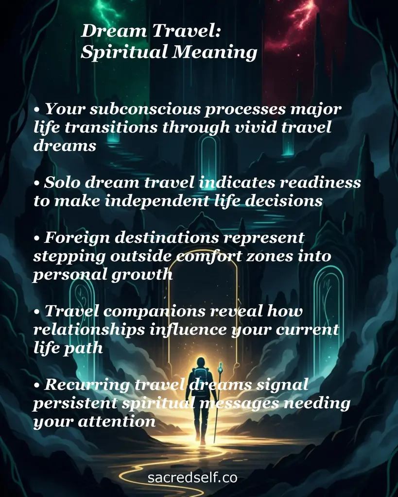 Figure walking to glowing doors in a surreal nightscape; text summarizes spiritual travel dream meanings: transition, growth.