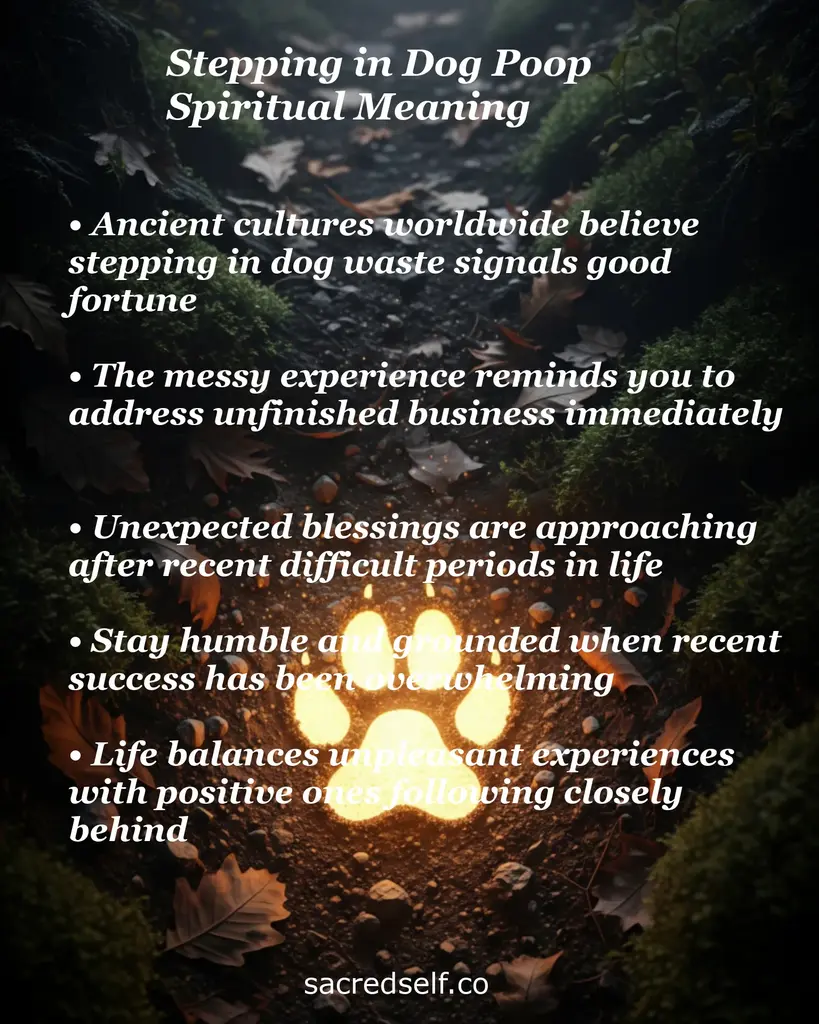 Glowing paw print on a forest path with overlaid text about stepping in dog poop spiritual meaning: luck, lessons, blessings