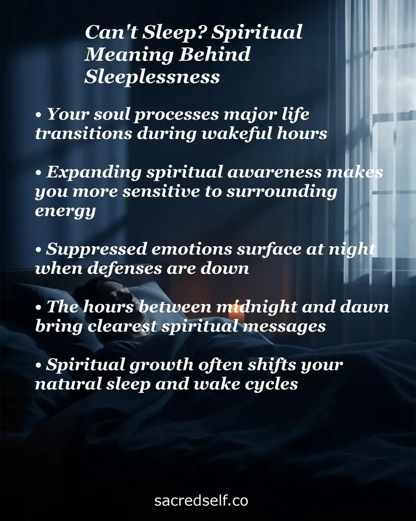 Dim bedroom scene with person in bed and text overlay explaining spiritual meanings of sleeplessness and nighttime messages