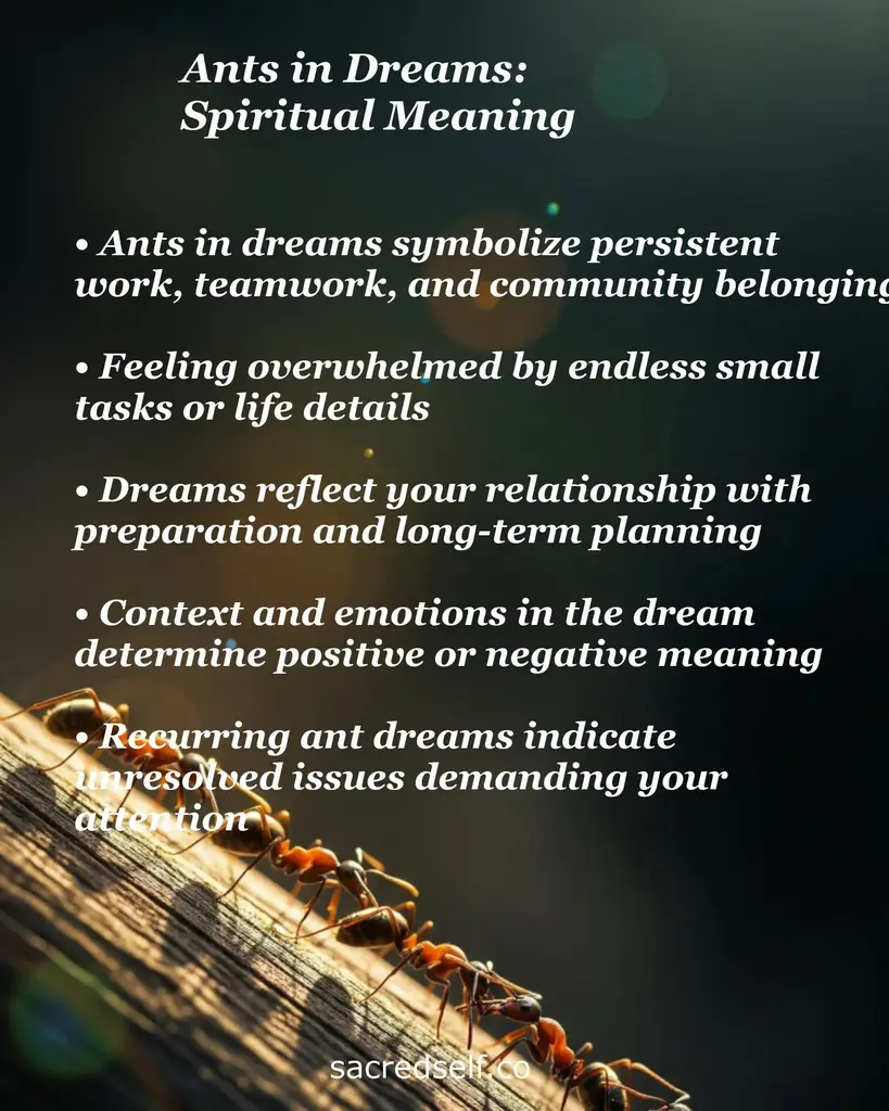 Ants on wood with overlay text about dreaming of ants spiritual meaning: work, overwhelm, planning, recurring issues