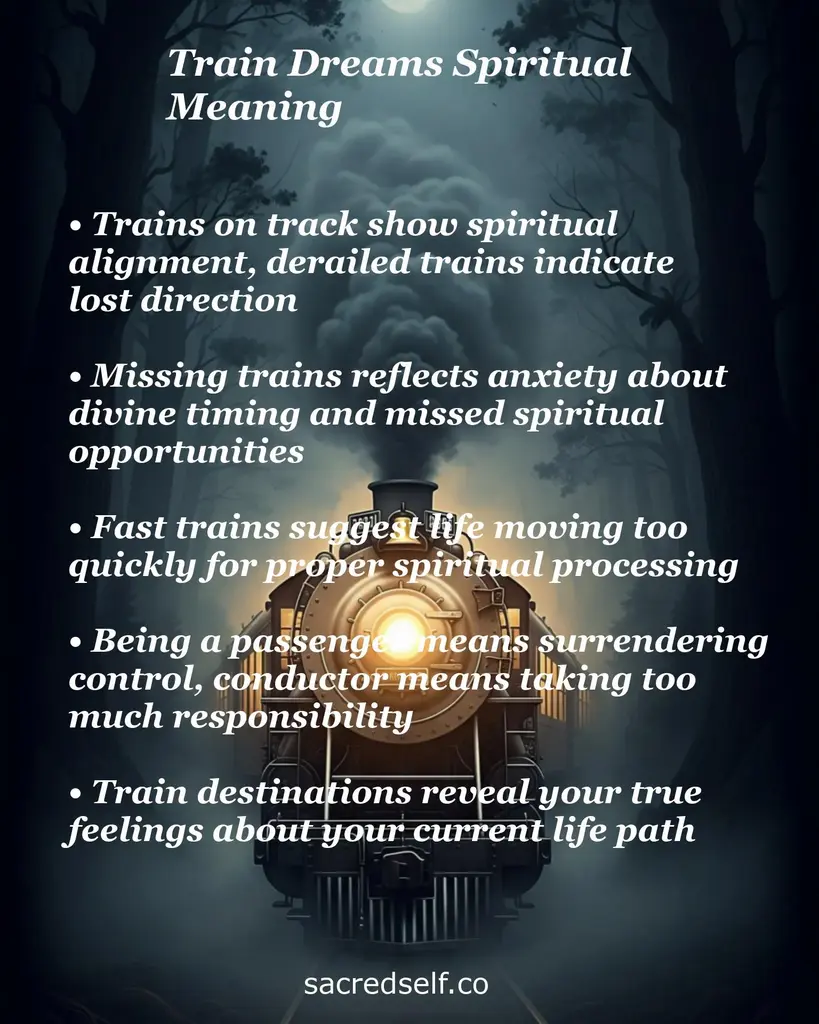 Steam train in foggy forest with text on spiritual meanings: alignment, derailment, missed timing, fast pace