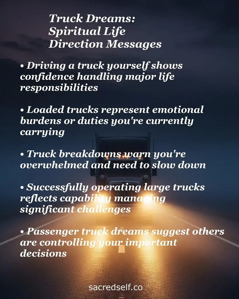 Truck on a dark road with overlay text about spiritual meanings of truck dreams: driving, loaded burdens, breakdowns, control
