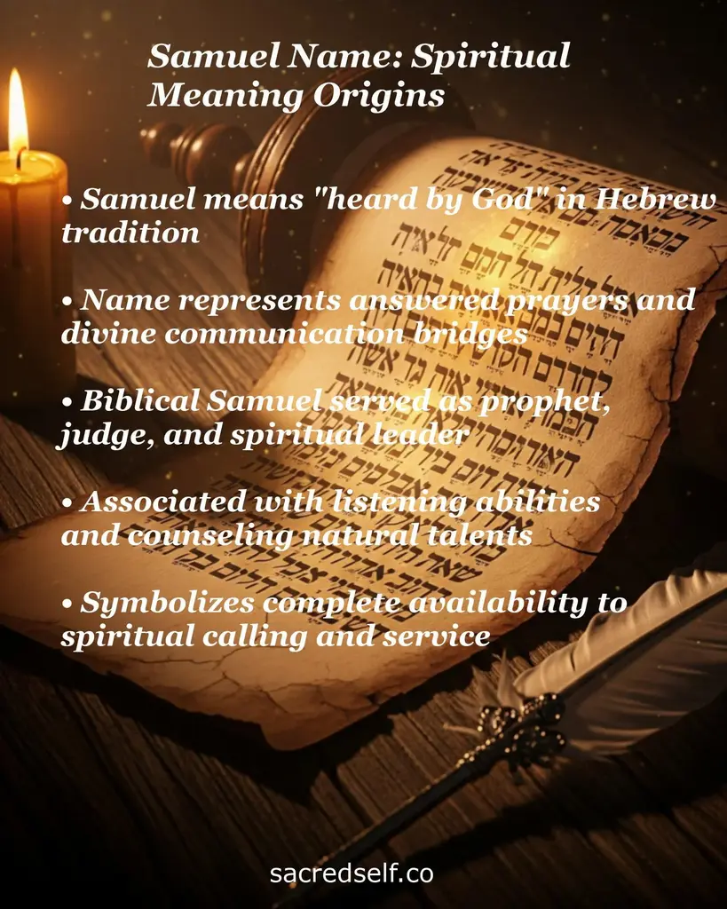 Hebrew scroll, lit candle and quill with overlay text about the spiritual meaning of the name Samuel.