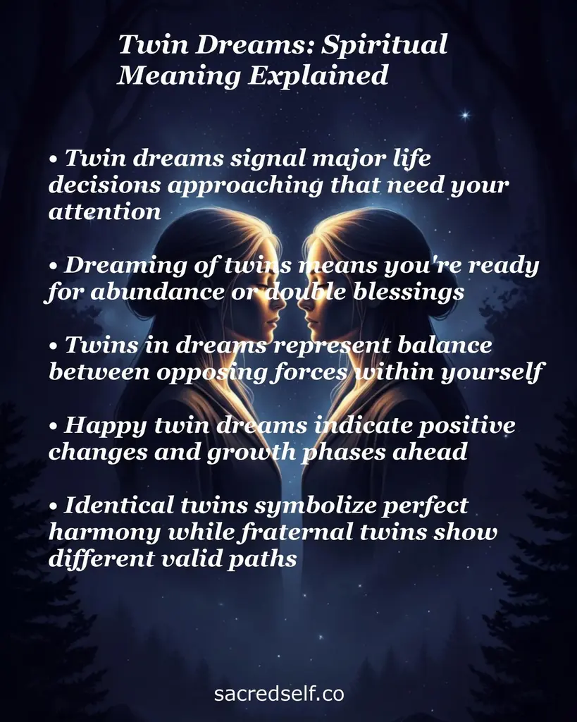 Two mirrored figures facing each other in a starry forest with text about twin dreams: balance, abundance, life changes.