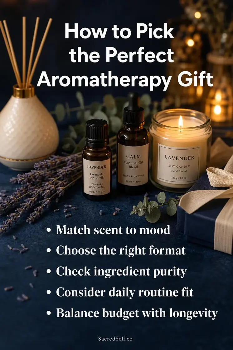 Essential oil bottles, aromatherapy candles and diffuser arranged with lavender and eucalyptus on deep indigo surface with warm bokeh lighting - best aromatherapy gifts