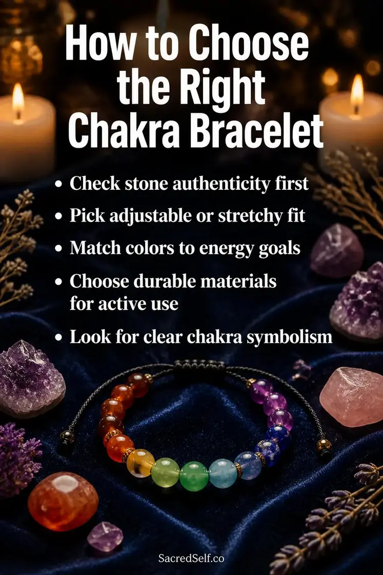 Colorful chakra bracelets with rainbow gemstone beads arranged on deep indigo velvet surface with raw crystals, glowing candles and dried botanicals — best chakra bracelets