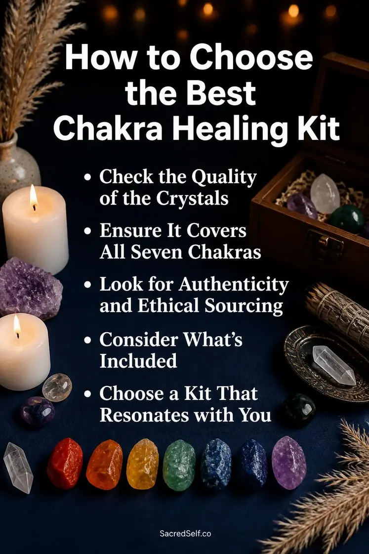 Seven colorful chakra crystals arranged in rainbow spectrum with wooden storage box, white candles and botanicals on deep indigo surface — best chakra healing kits