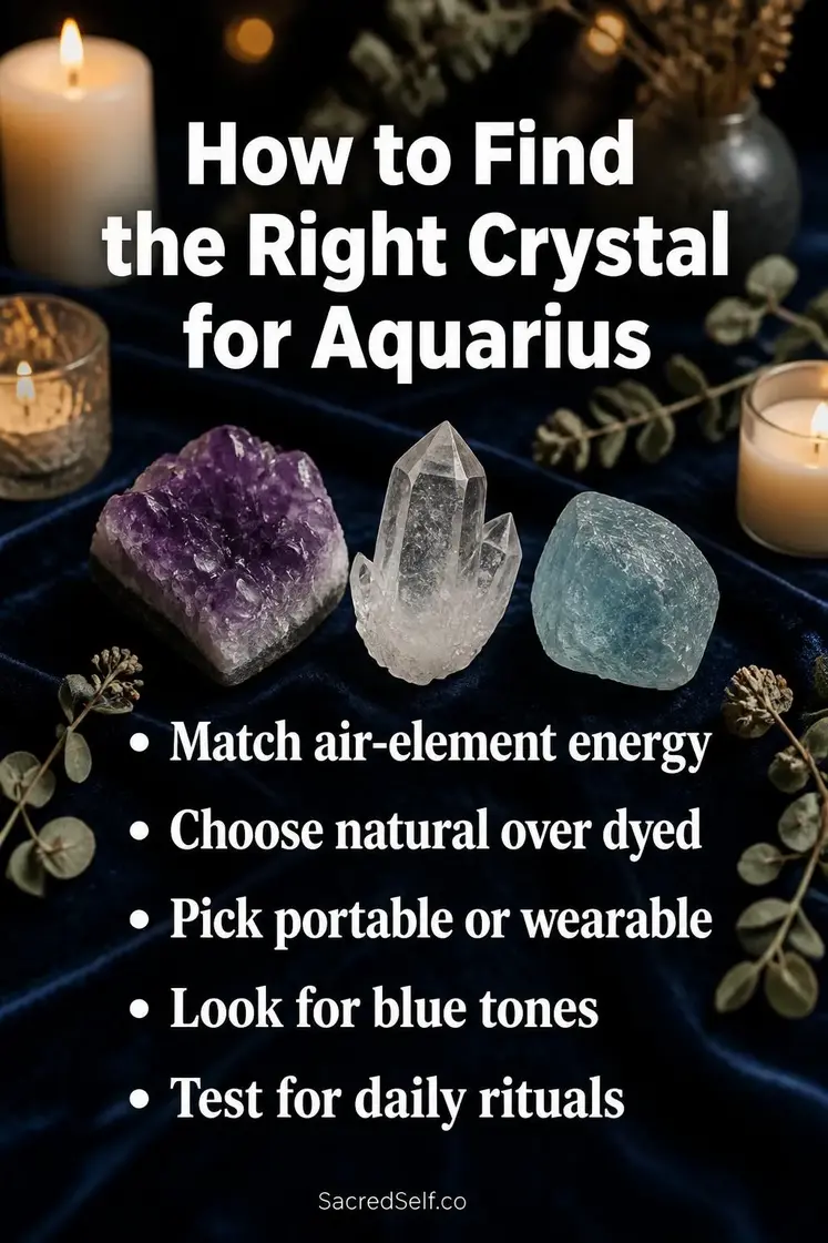 Raw amethyst, clear quartz and aquamarine crystals on deep indigo velvet surface with white candles and eucalyptus sprigs - best crystals for Aquarius