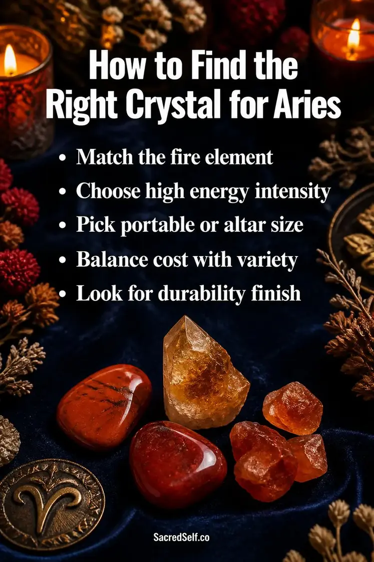 Red and orange fire element crystals including carnelian and jasper arranged on deep indigo velvet surface with glowing candles and dried botanicals - best crystals for Aries