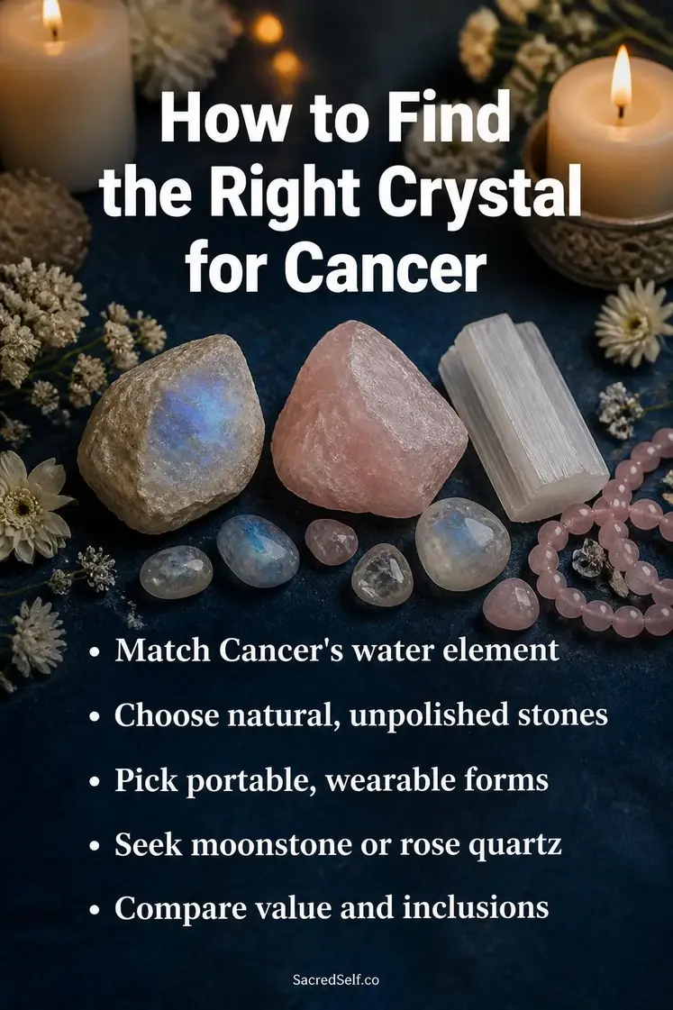 Natural moonstone, rose quartz and selenite crystals arranged on deep indigo surface with cream candles and white botanical accents - best crystals for Cancer