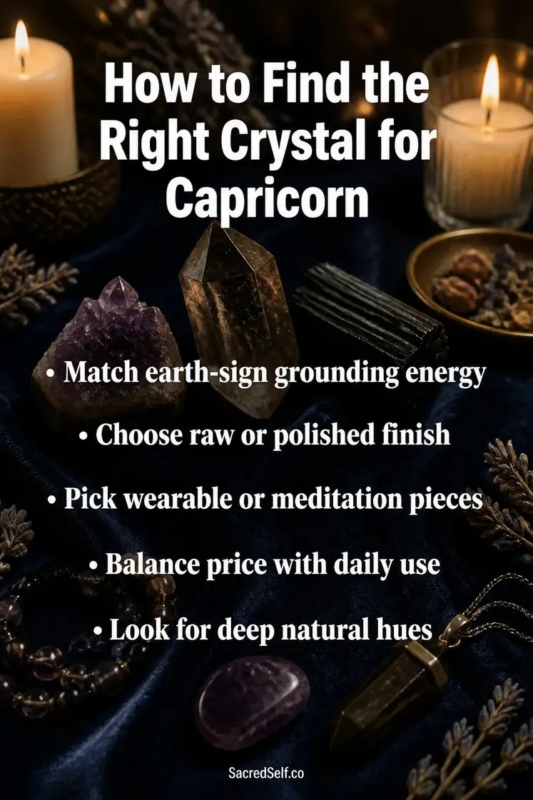 Smoky quartz, black tourmaline, and amethyst crystals arranged on deep indigo velvet surface with warm cream candles and dried botanicals in soft candlelight - best crystals for Capricorn