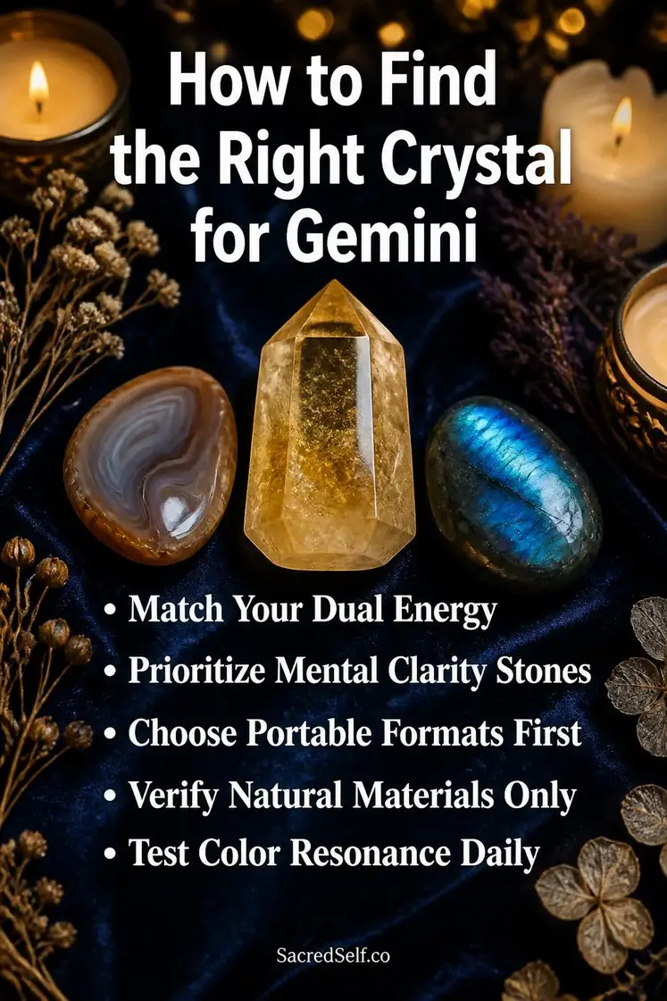 Polished citrine, agate and labradorite crystals arranged on deep indigo velvet surface with warm cream candles and delicate dried botanicals in soft golden bokeh lighting - best crystals for Gemini