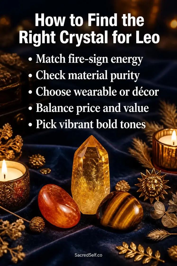 Glowing citrine, carnelian, and tiger's eye crystals arranged on deep indigo velvet surface with warm candles, dried botanicals, and golden accents creating a cozy spiritual flat lay — best crystals for Leo