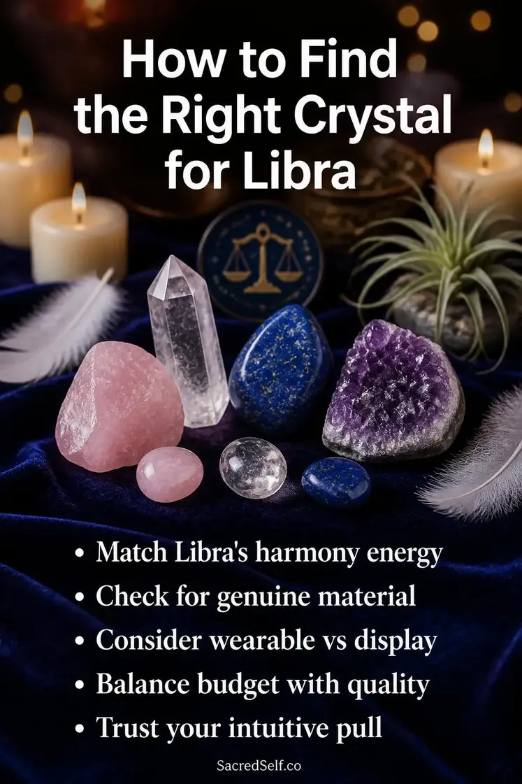 Rose quartz, clear quartz, lapis lazuli and amethyst crystals arranged on deep indigo velvet surface with cream candles, white feathers and soft botanicals - best crystals for Libra