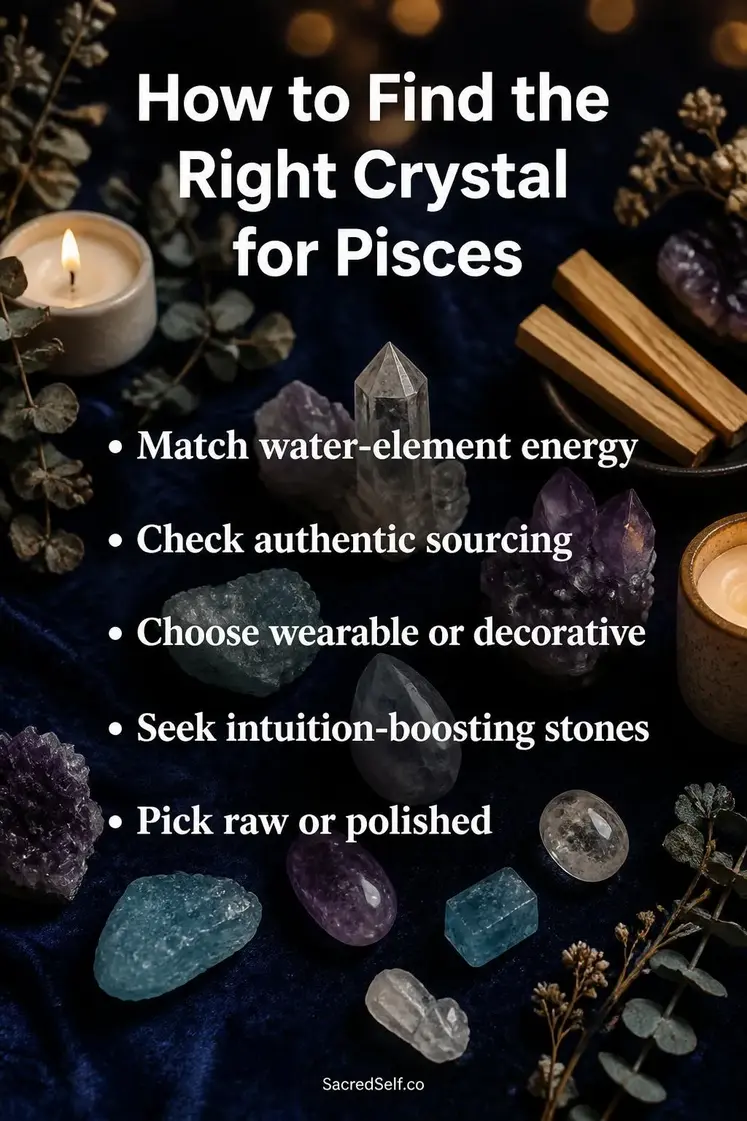 Raw amethyst, aquamarine and clear quartz crystals arranged on deep indigo velvet surface with white candles, eucalyptus sprigs and warm bokeh lighting - best crystals for Pisces