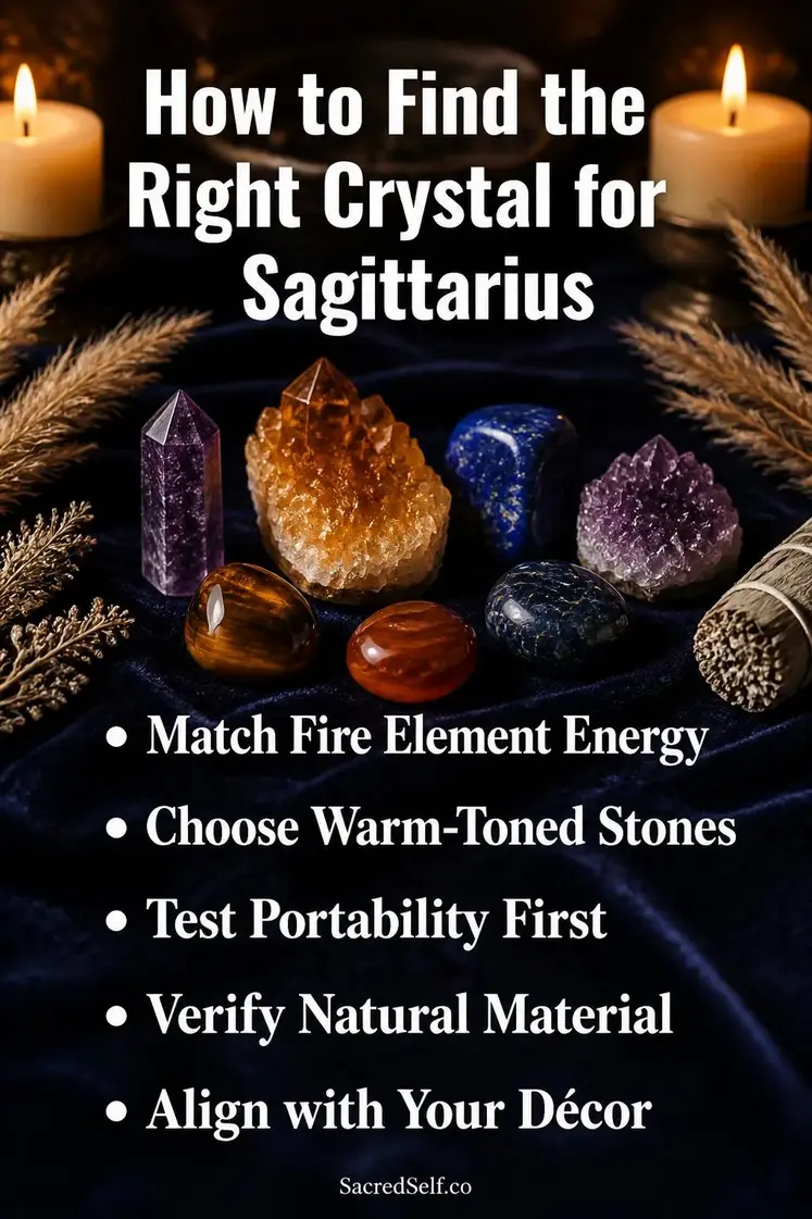Assorted raw and polished crystals in amber, blue and purple tones with cream candles and dried botanicals on deep indigo velvet surface with soft candlelight bokeh - best crystals for Sagittarius