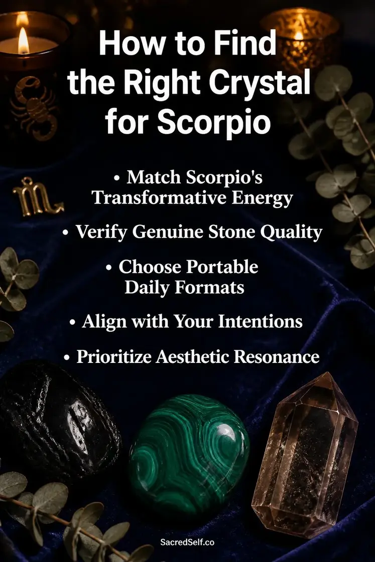 Dark obsidian and malachite crystals arranged on deep indigo velvet with candles and eucalyptus sprigs in warm golden light - best crystals for Scorpio