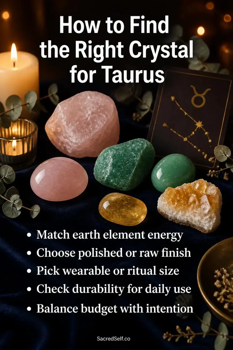 Rose quartz, green aventurine, and citrine crystals arranged with cream candles and eucalyptus on deep indigo velvet surface with warm candlelight bokeh - best crystals for Taurus