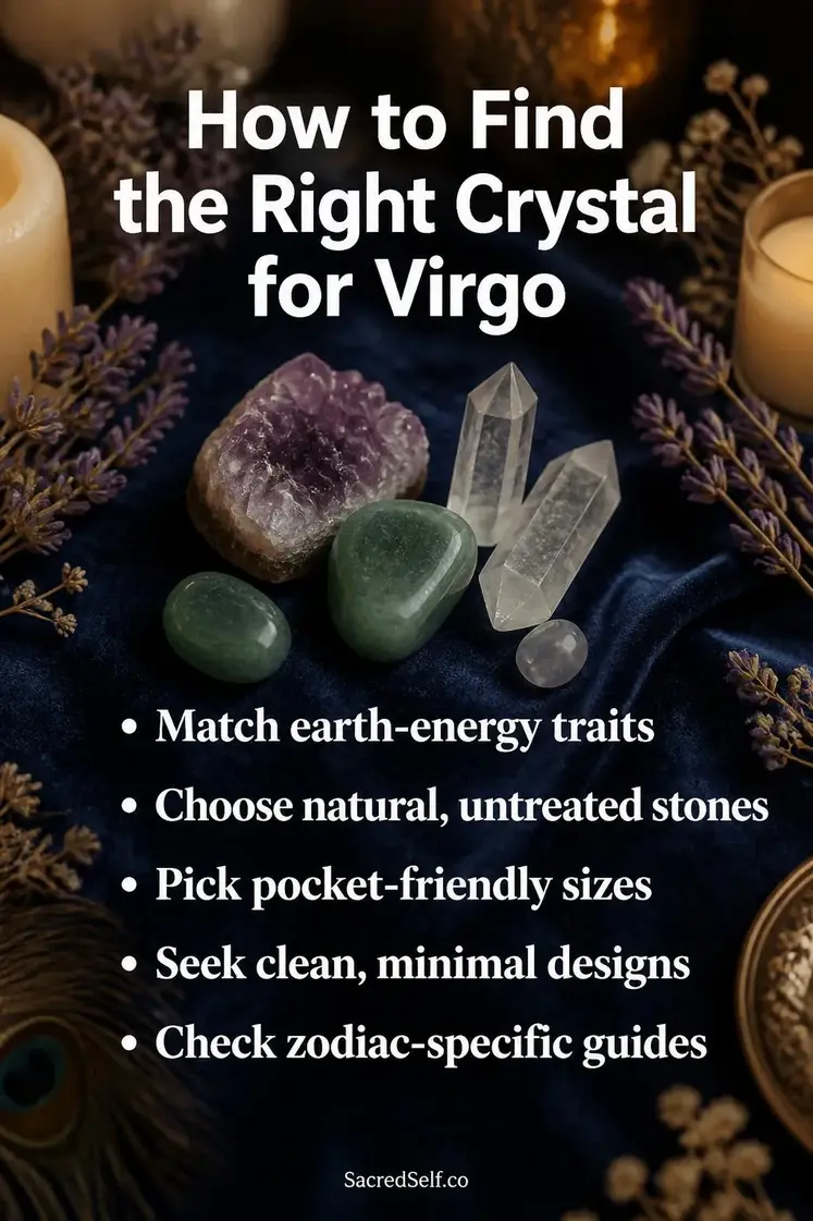 Assorted natural crystals including amethyst and green aventurine on deep indigo velvet surface with cream candles and dried lavender sprigs in warm ambient light — best crystals for Virgo