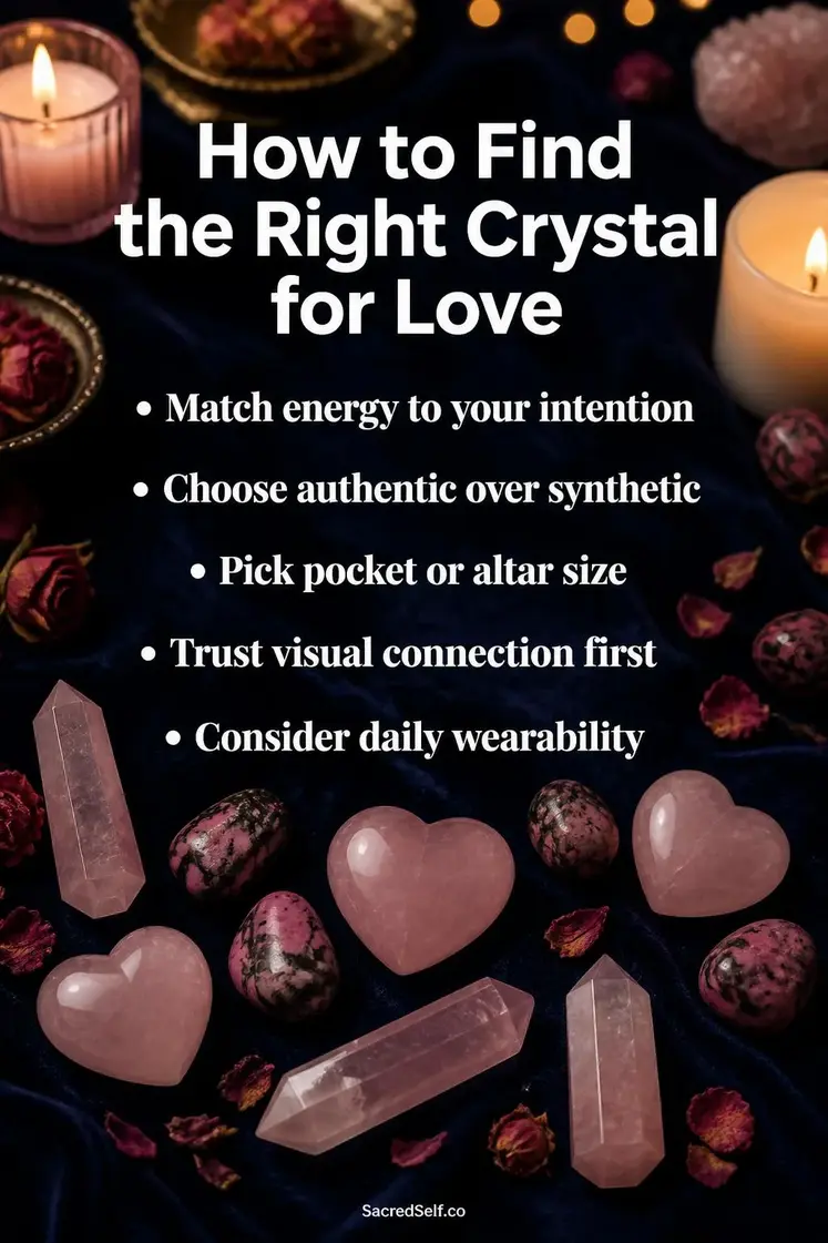 Rose quartz hearts, rhodonite stones, and pink crystal points arranged on deep indigo velvet surface with glowing candles and scattered rose petals—best crystals for love and relationships
