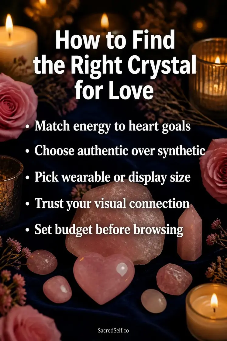 Rose quartz and pink crystals arranged with soft roses, cream candles and botanical sprigs on deep indigo velvet surface with warm golden bokeh lighting — best crystals for love and relationships