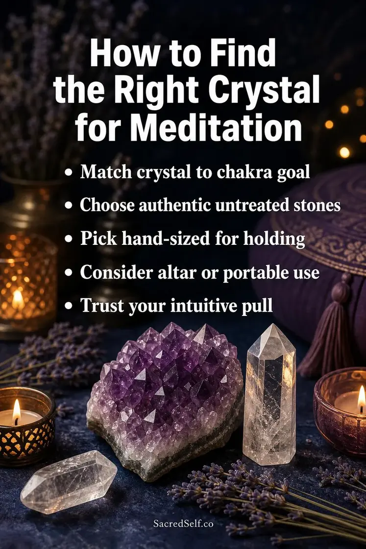 Amethyst and clear quartz crystals with lit candles, dried lavender, and meditation cushion on deep indigo surface with soft bokeh lighting - best crystals for meditation