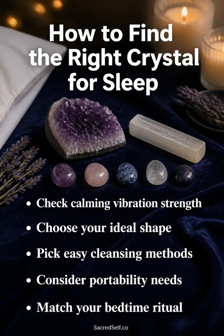 Amethyst geode, selenite stick, and tumbled crystals arranged on deep indigo velvet surface with white pillow, cream candles, and dried lavender sprigs - best crystals for sleep