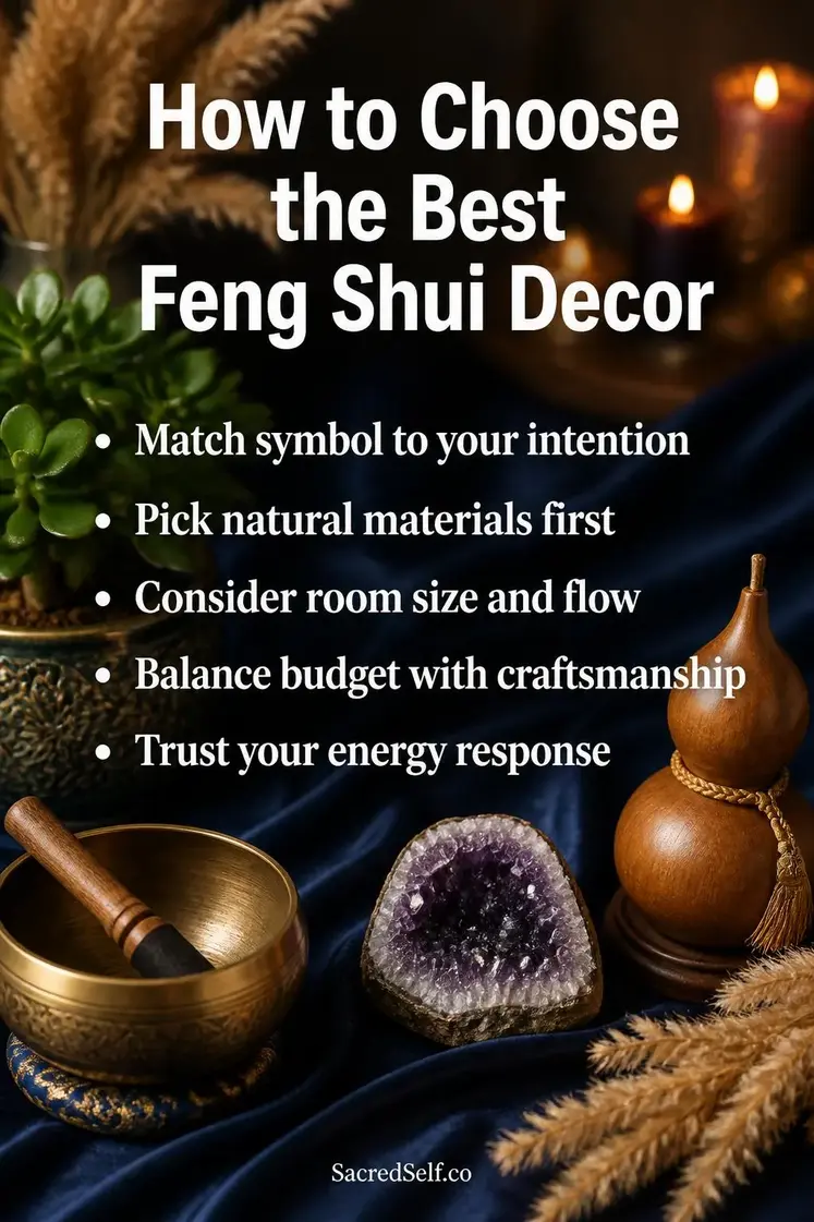 Jade plant, brass singing bowl, crystal geode and wooden gourd arranged on deep indigo silk surface with cream candles and soft botanicals — best feng shui decor items