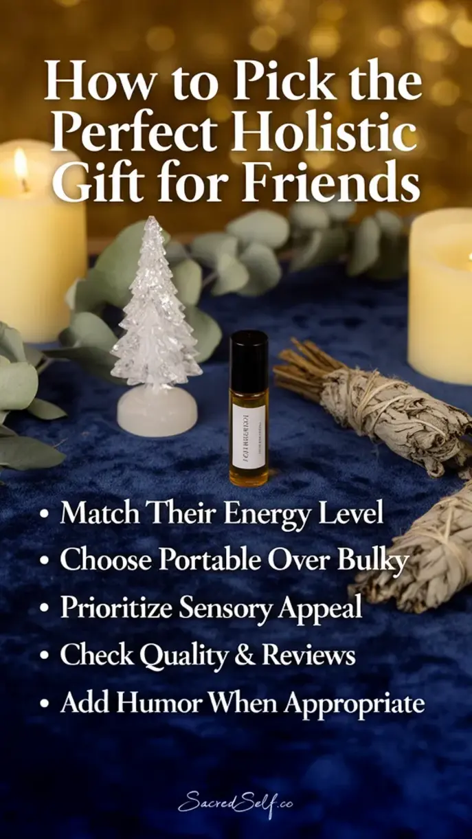 Crystal tree, aromatherapy bottles, mindfulness journal and sage bundle arranged on deep indigo surface with warm candles and soft botanicals — best holistic gifts for friends
