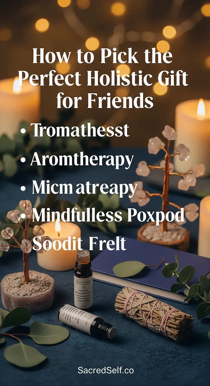 Crystal tree, aromatherapy bottles, mindfulness journal and sage bundle arranged on deep indigo surface with warm candles and soft botanicals — best holistic gifts for friends
