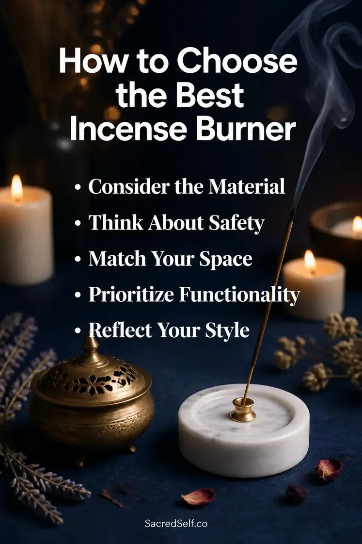 Brass and marble incense burners with burning incense creating smoke, surrounded by candles and dried botanicals on deep indigo surface — best incense burners