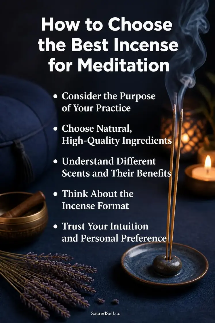 Burning incense sticks in ceramic holder with meditation cushion, singing bowl, and lavender on deep indigo surface with candlelight — best incense for meditation