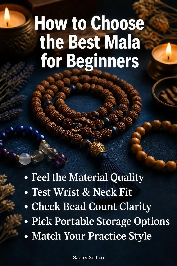 Wooden and gemstone mala beads necklaces and bracelets arranged on deep indigo surface with warm candles and dried botanicals — best mala beads for beginners