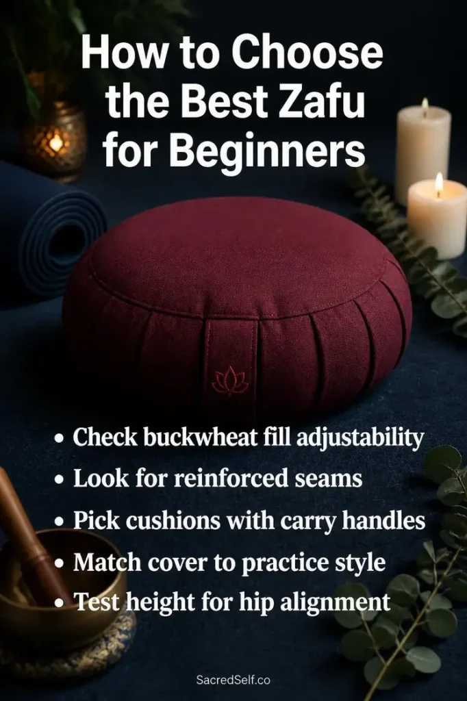 Meditation zafu cushion in deep burgundy fabric surrounded by yoga mat, brass singing bowl, white candles and eucalyptus on indigo surface — best meditation cushions zafu