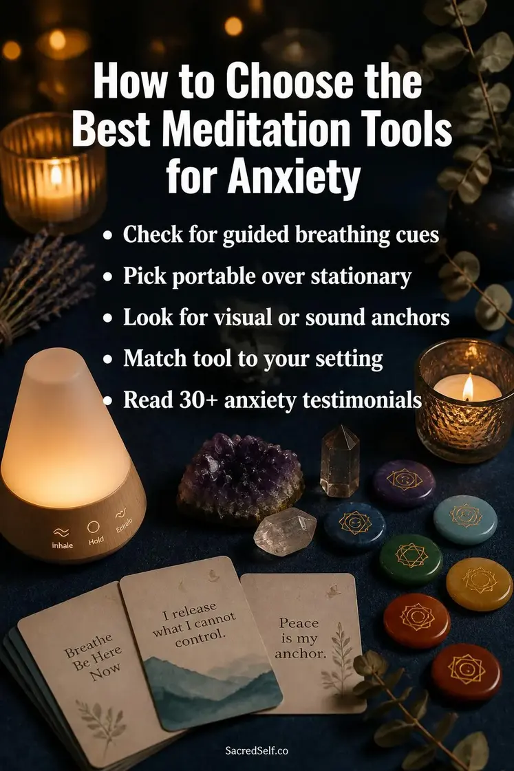 Glowing meditation lamp, chakra worry stones, crystals and meditation cards arranged on deep indigo surface with warm candles and eucalyptus — best meditation tools for anxiety