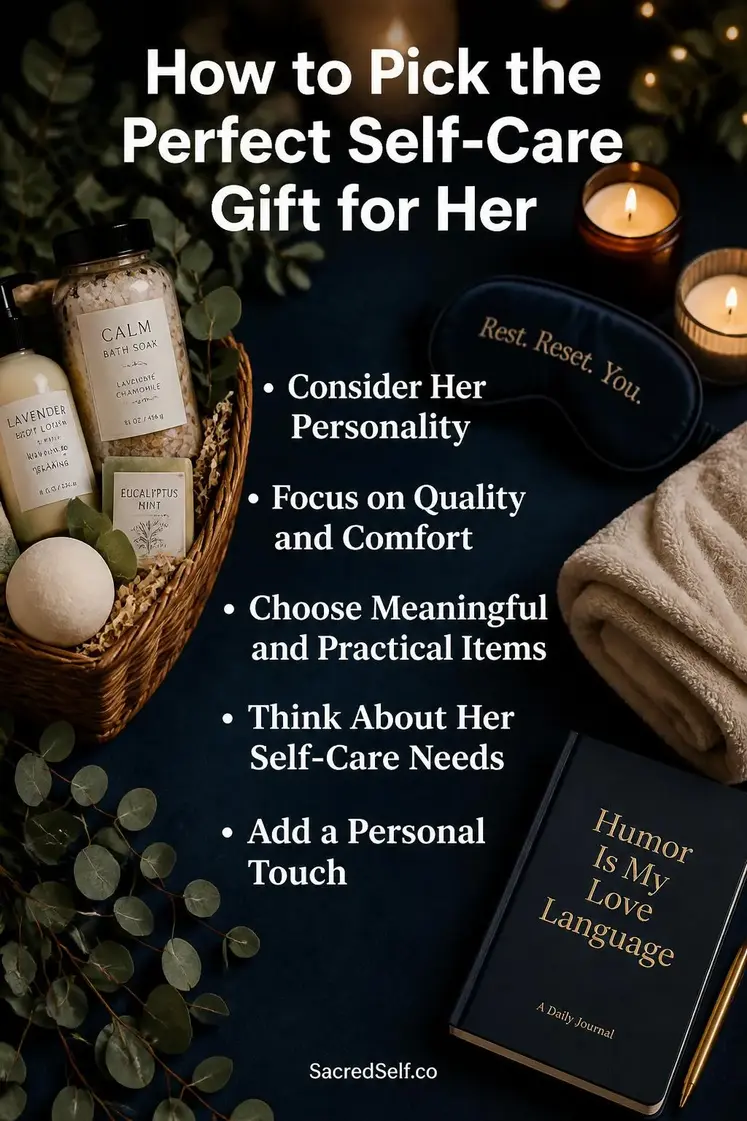 Spa gift basket with bath products, silk eye mask, plush blanket, aromatherapy candles and journal arranged on deep indigo surface with warm candlelight and eucalyptus sprigs — best self-care gifts for women