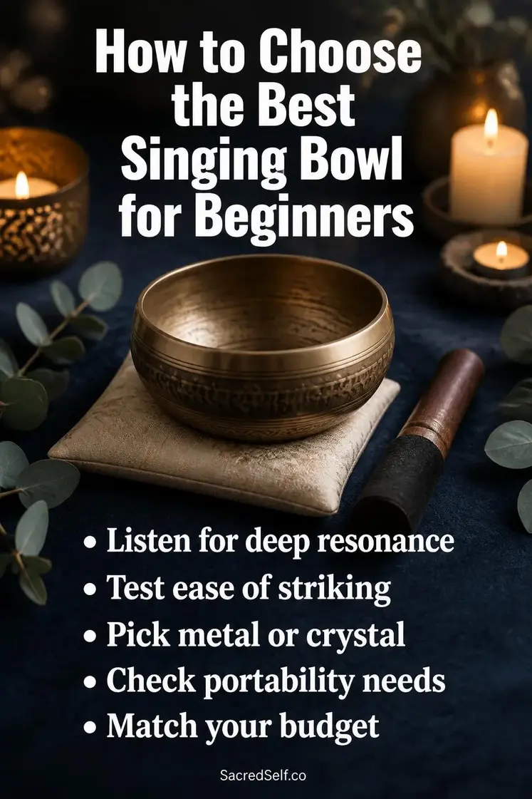 Brass Tibetan singing bowl with wooden mallet on deep indigo surface surrounded by cream pillow, glowing candles and eucalyptus sprigs with warm bokeh background — best singing bowls for beginners
