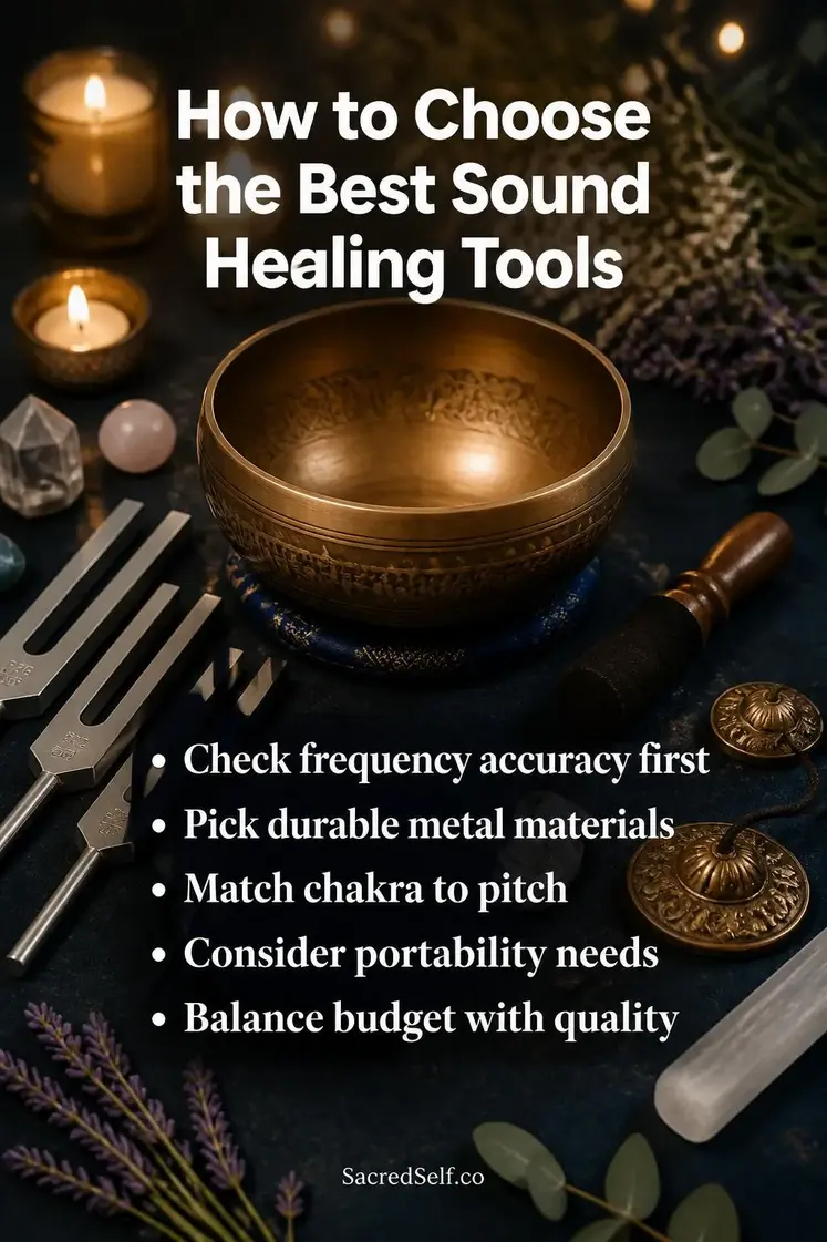Tibetan singing bowl with tuning forks and candles arranged on deep indigo surface with warm bokeh lighting — best sound healing tools