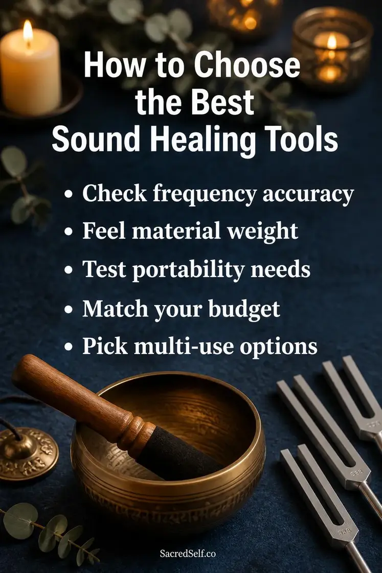 Tibetan singing bowl with wooden mallet and tuning forks arranged on deep indigo surface with warm candles and eucalyptus botanicals in soft ambient light — best sound healing tools