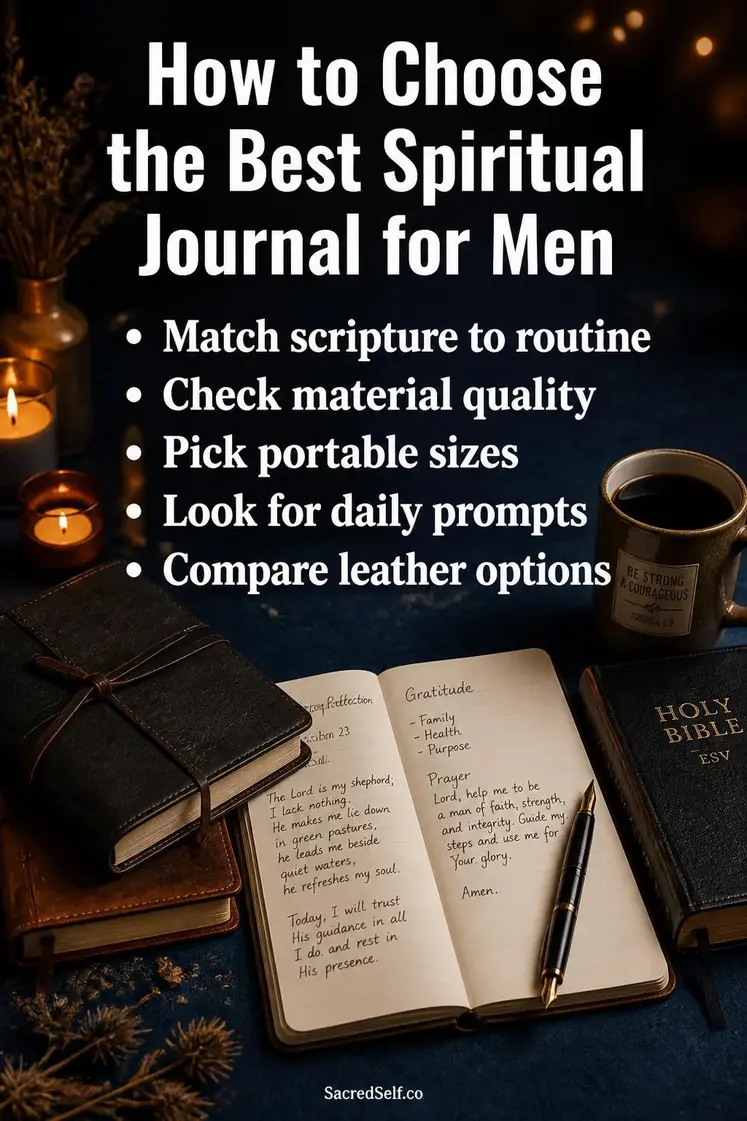 Leather journals with fountain pen, open pages with handwriting, coffee mug and candles arranged on deep indigo surface with soft warm lighting — best spiritual journals for men