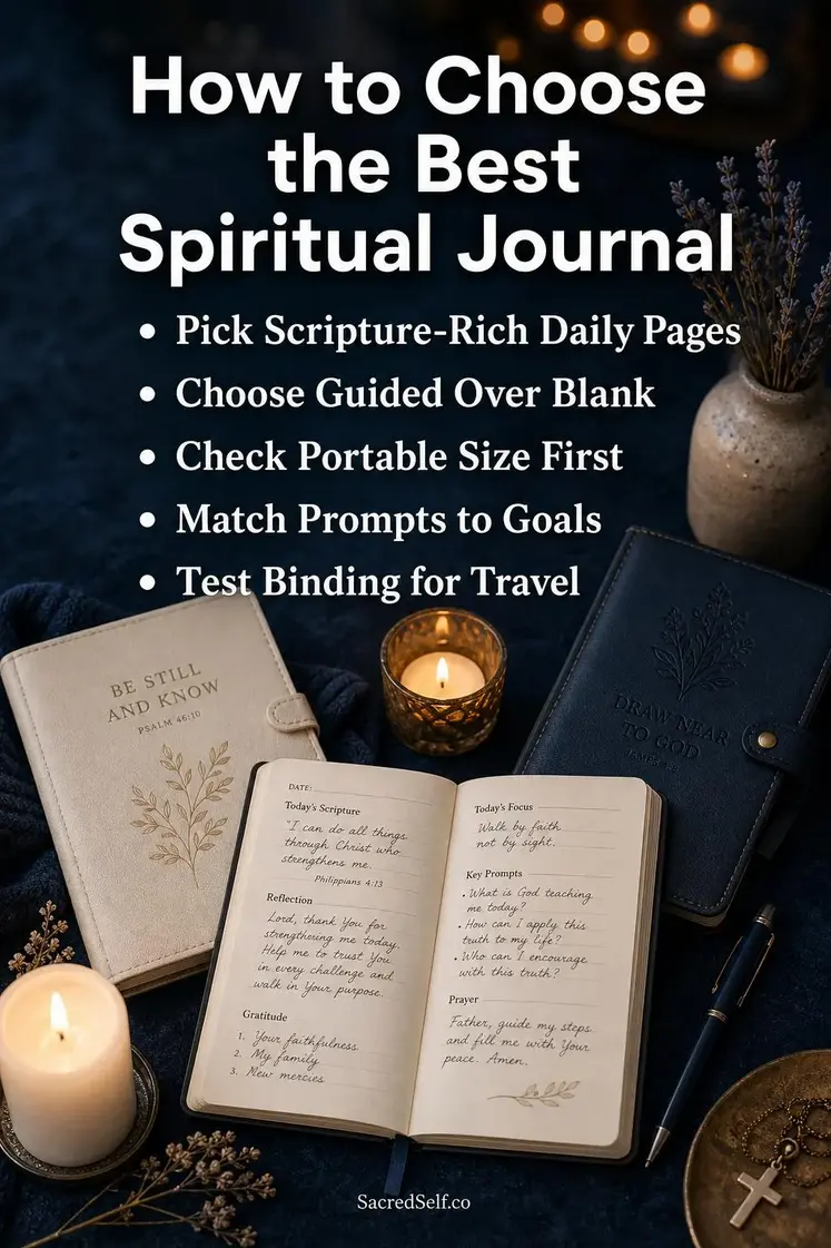 Open spiritual journals with candles and dried botanicals arranged on deep indigo textured surface with warm candlelight bokeh - best spiritual journals for women
