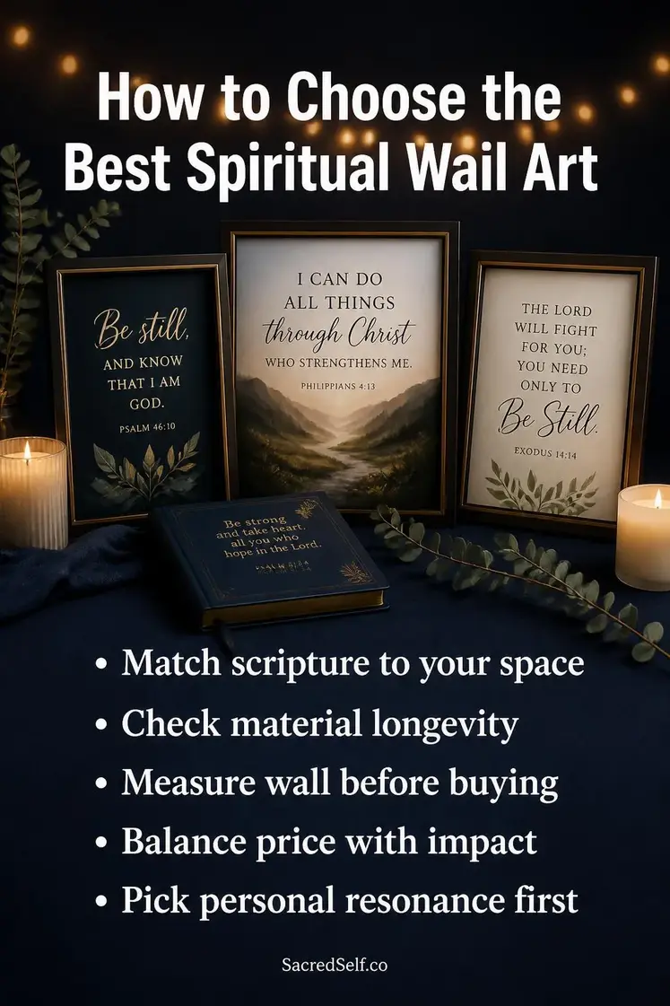 Framed spiritual wall art with scripture, surrounded by cream candles and eucalyptus on deep indigo surface with warm bokeh lighting - best spiritual wall art for home