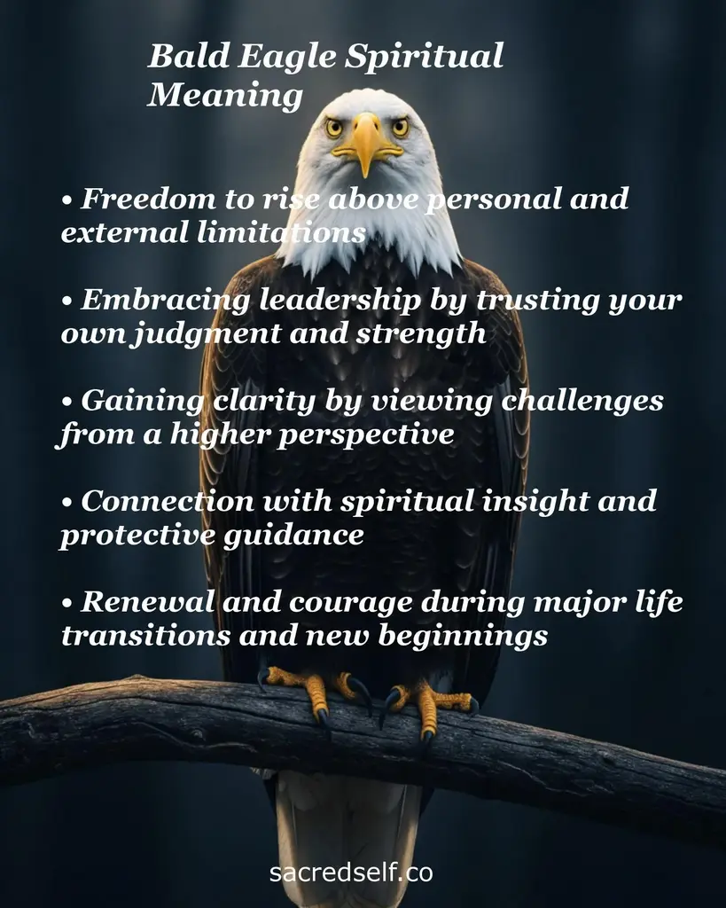 Bald eagle on a branch with text about spiritual meanings: freedom, leadership, clarity, spiritual insight, renewal.