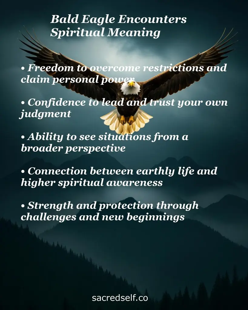 Bald eagle soaring over misty mountains with text on freedom, confidence, broader view, spiritual awareness and strength